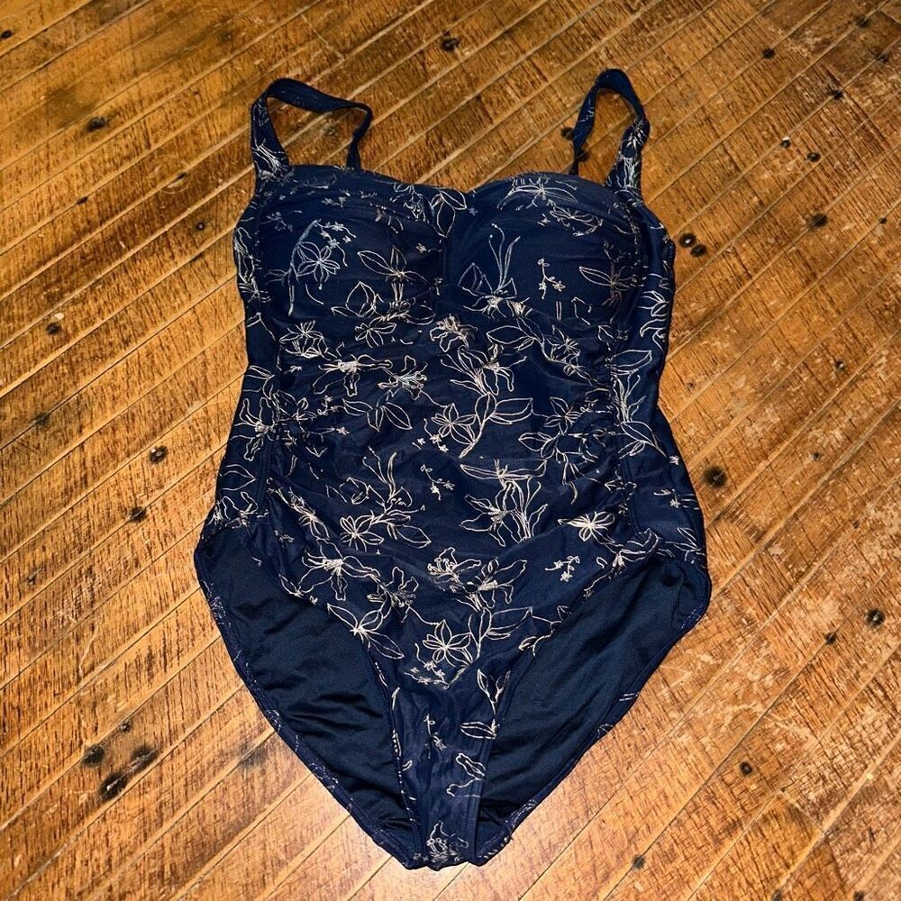 Niptuck blue silver floral ruched slimming one piece swimsuit